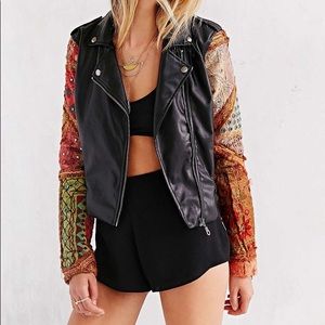 Vegan Leather Moto Jacket w/ Embroidered Sleeves